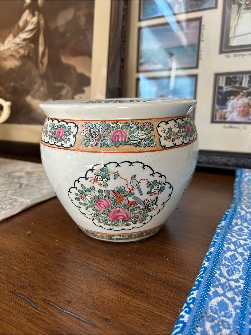 Vintage rose medallion fishbowl cache pot old